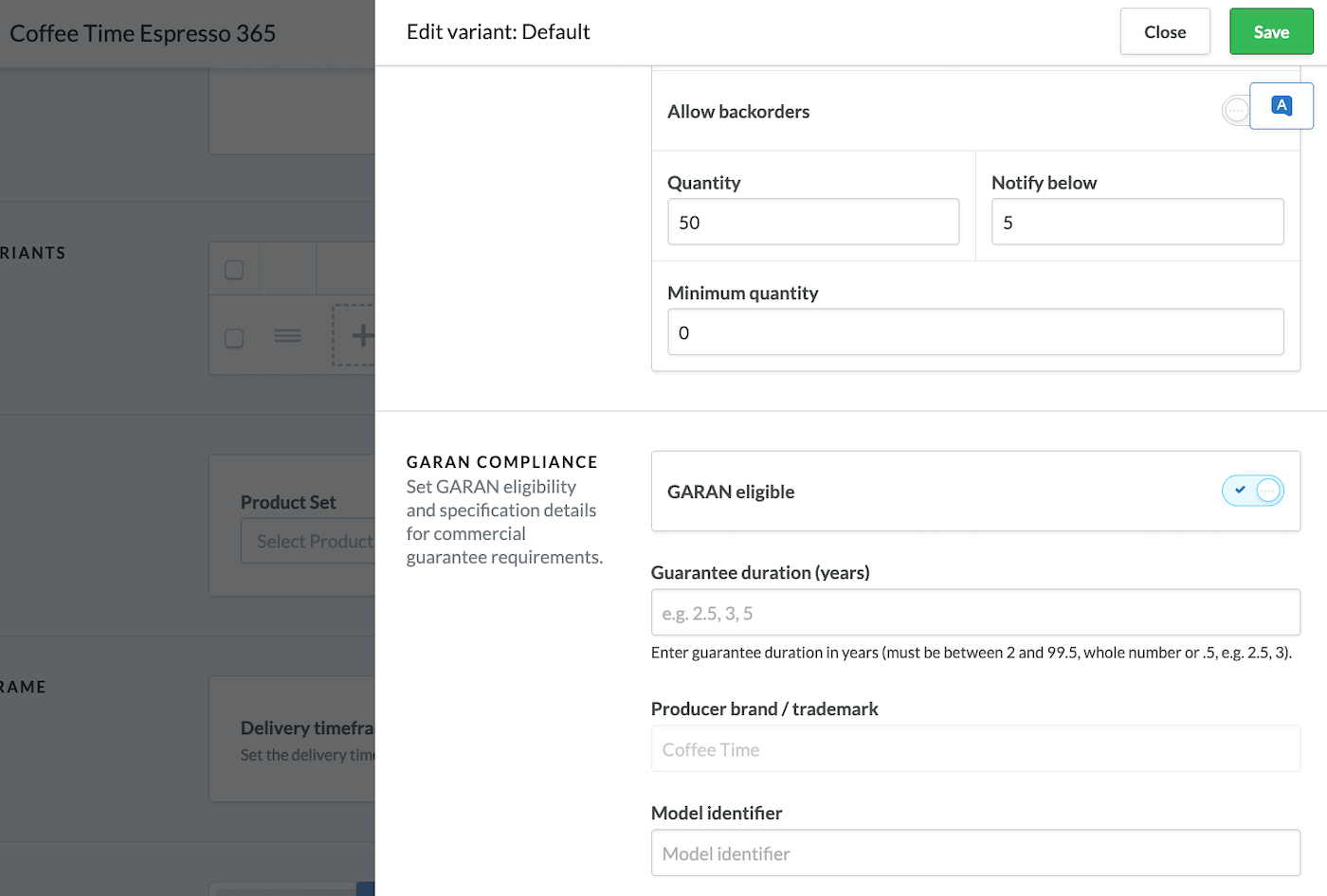 Edit variant pop-up showing GARAN Compliance section with GARAN eligible toggled on.