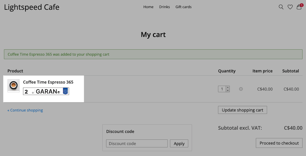 Cart page with nested GARAN label and associated product highlighted.