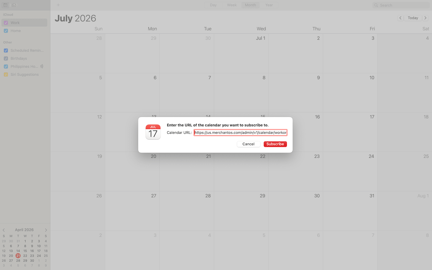 Collez l'adresse URL du calendrier.