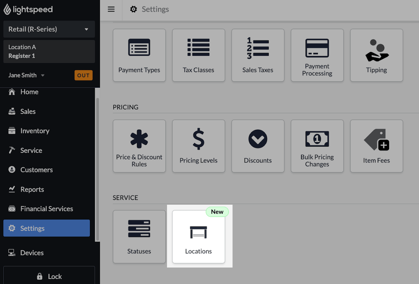 Settings page with Locations highlighted.