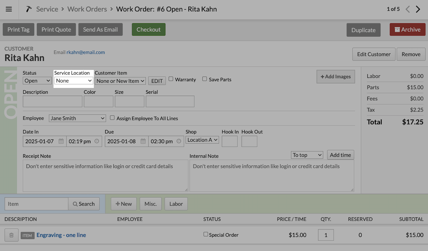 Work order showing service location dropdown highlighted.