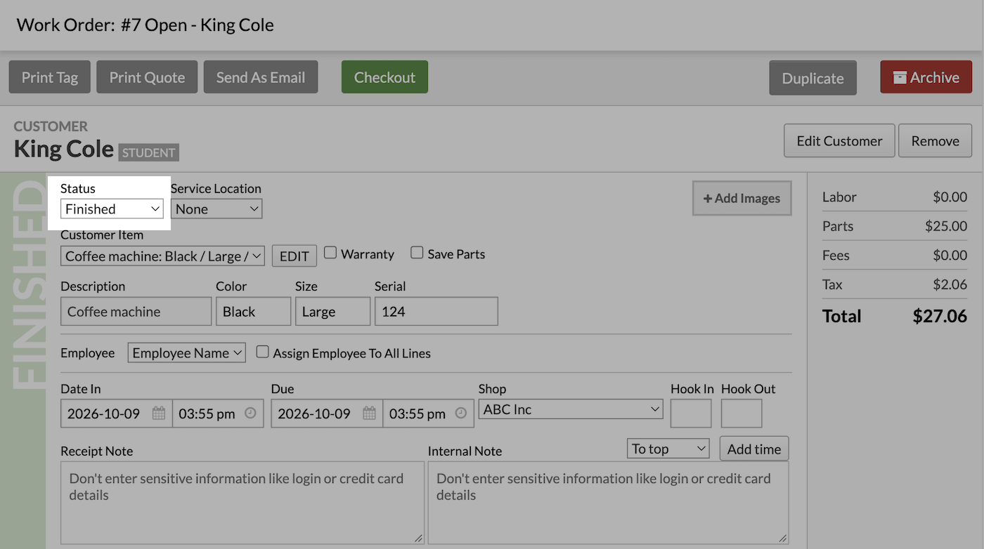 Customer's Work Order page with Status dropdown highlighted.
