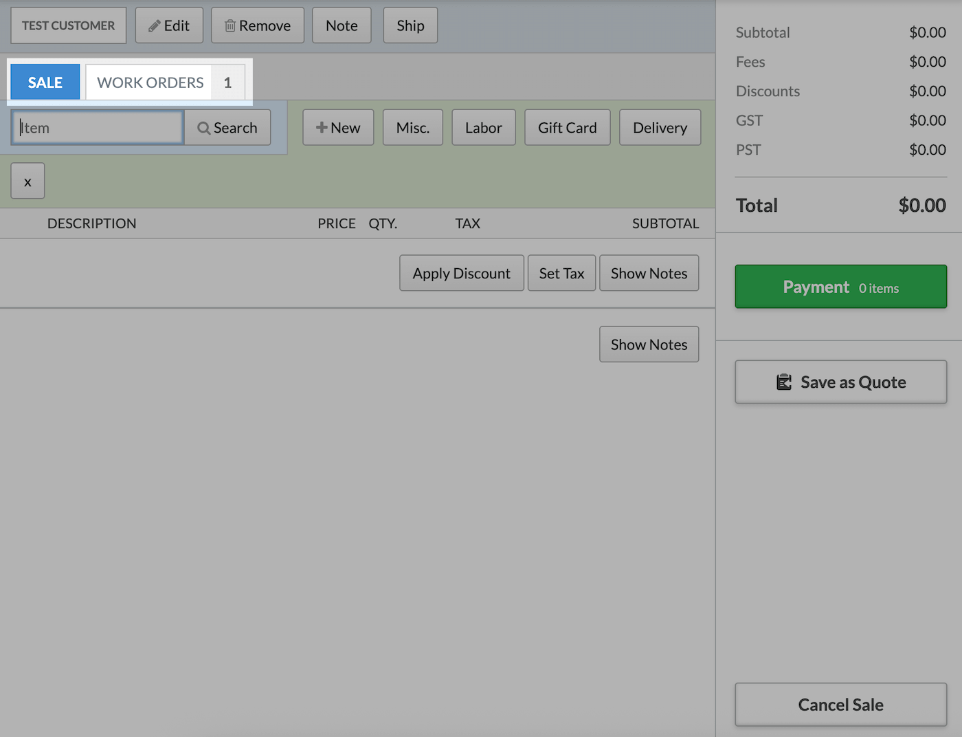 Sale page with Work Orders tab highlighted.