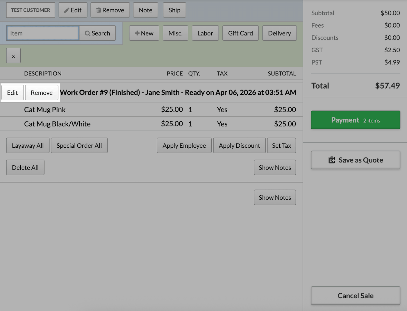 Sale page with Edit and Remove buttons highlighted.