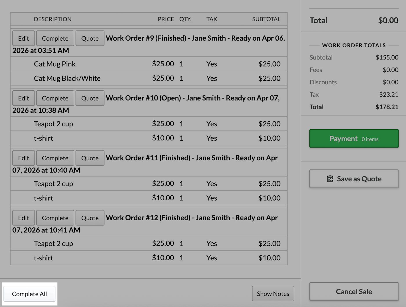 Sale page with Complete All button highlighted.