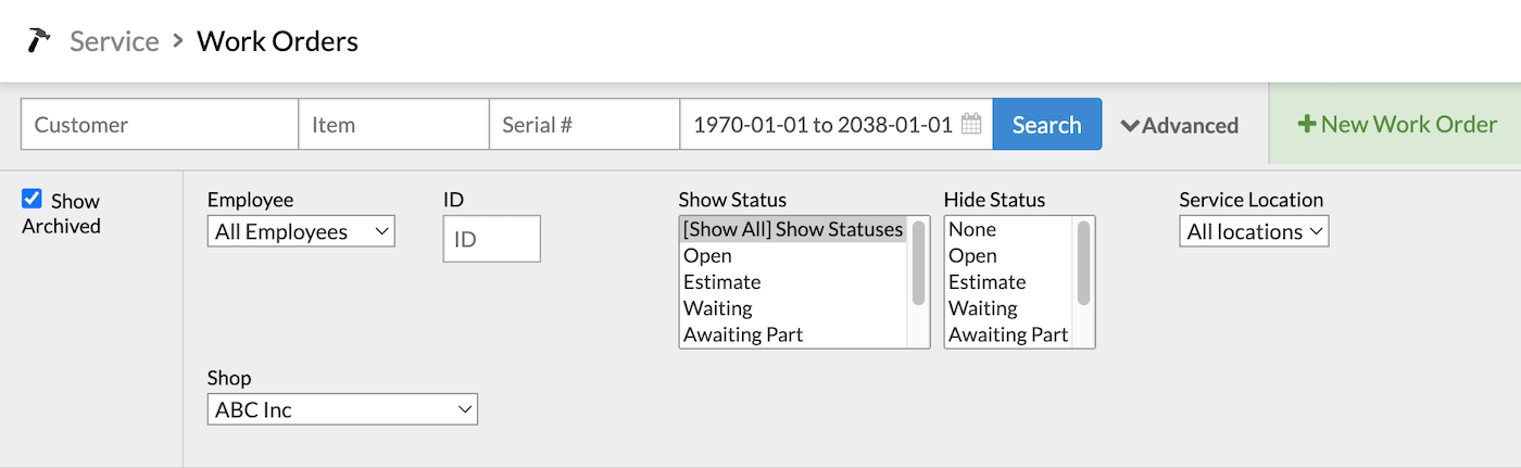 Work Orders page with Show Archived checked and Search button highlighted.