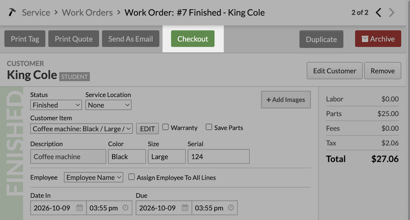 Customer's Work Order page with Checkout button highlighted.