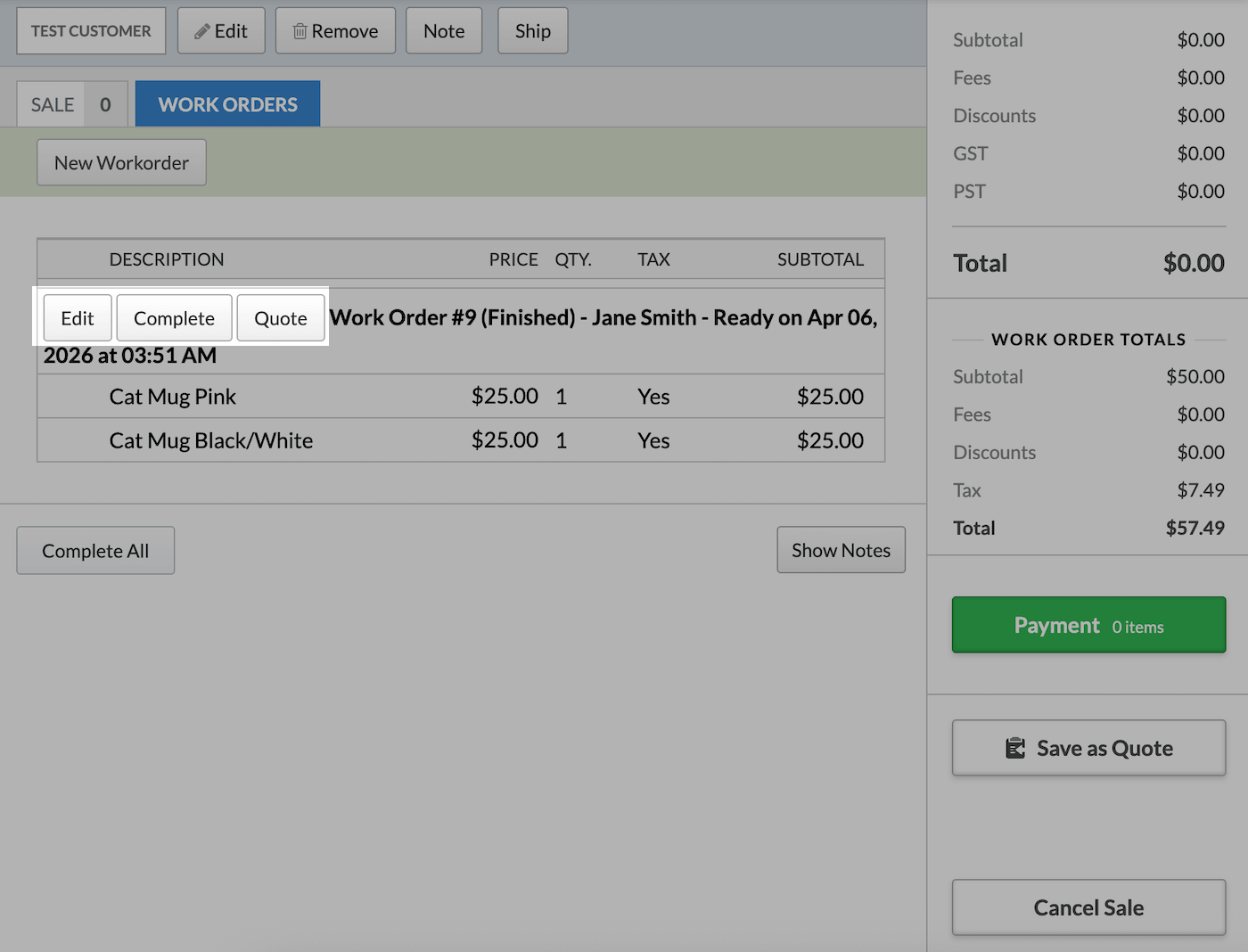 Sale page with Edit, Complete, and Quote buttons highlighted.