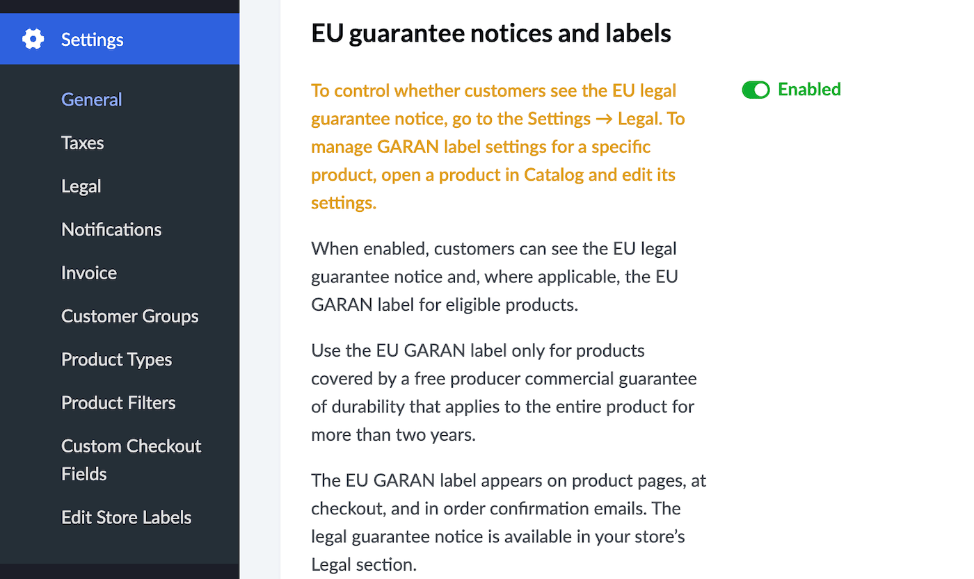 EU guarantee notices and labels enabled on the Settings page.