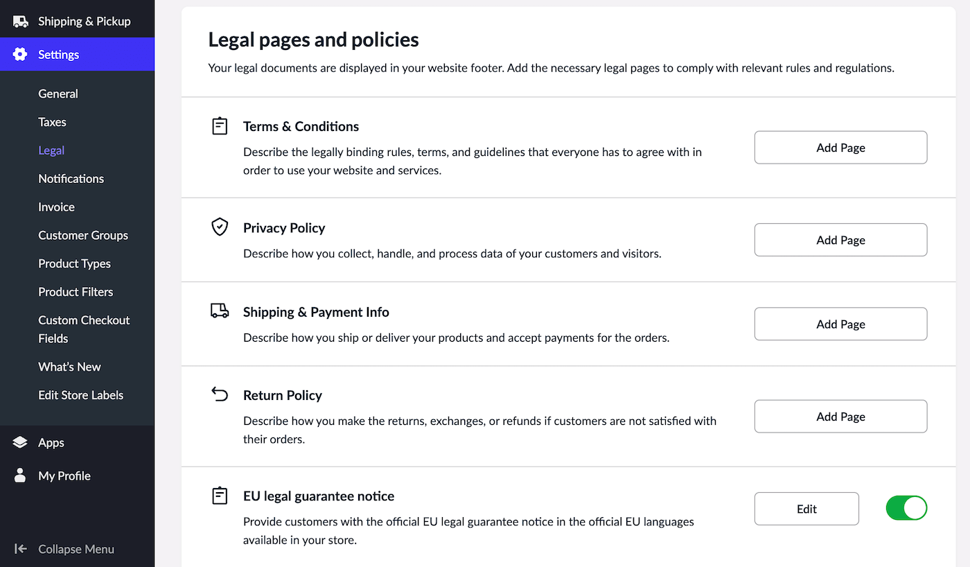 Legal pages and policies section with EU legal guarantee notice toggled on.