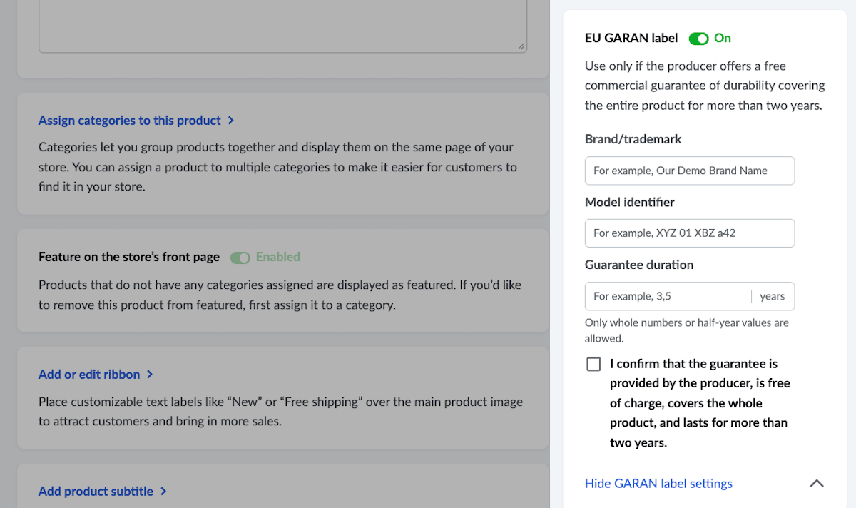 EU GARAN label section on the Edit product page.