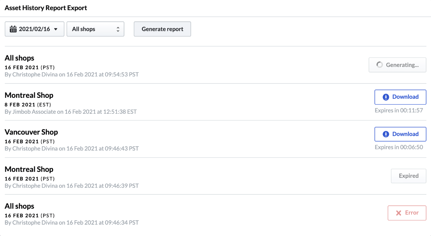 List of generated reports, with some available for Download, one with an Expired status, and one with an Error status.