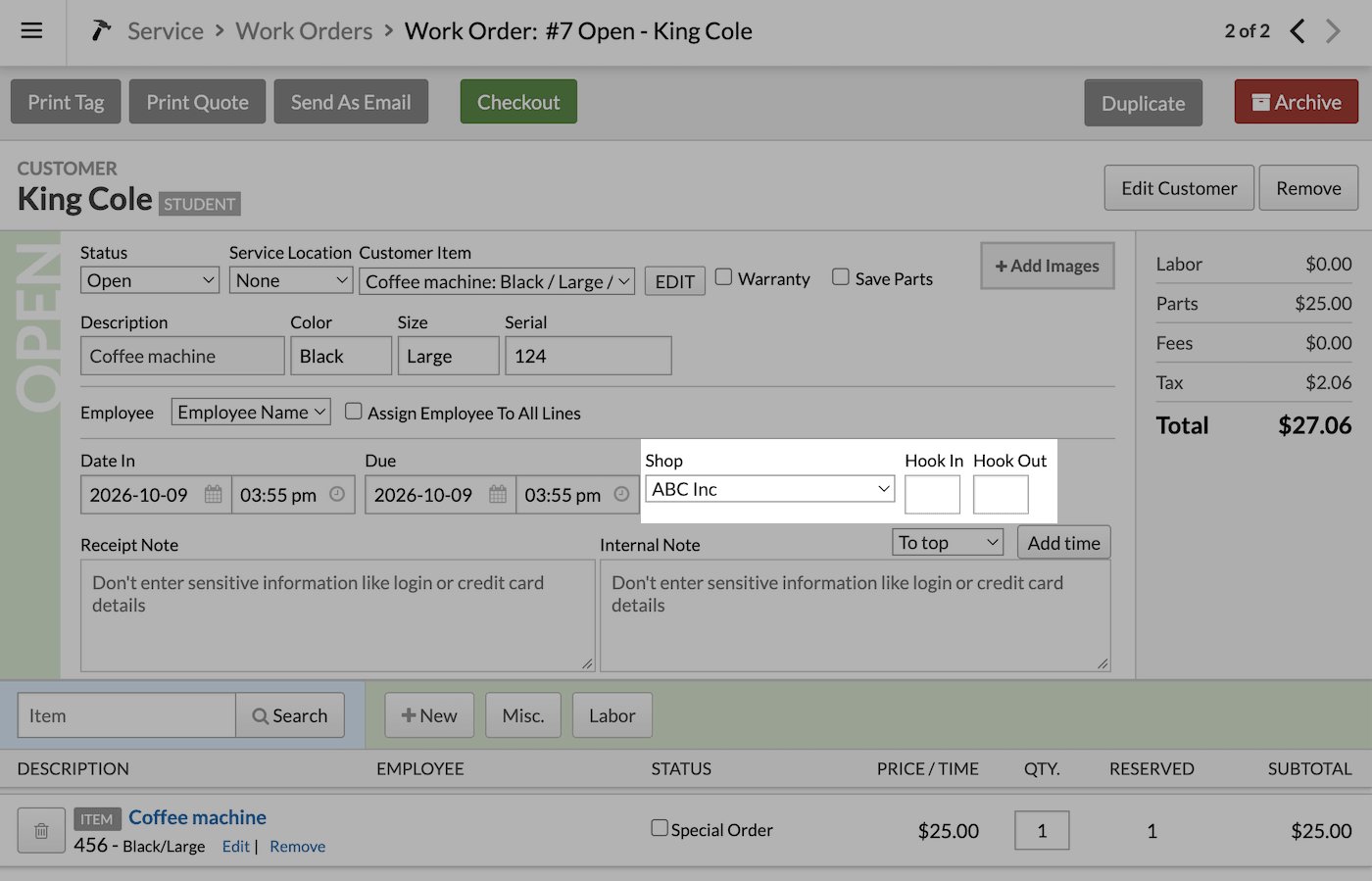 Customer's Work Order page with Shop dropdown highlighted.