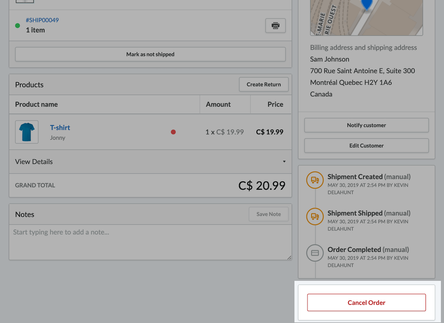 The Order page with the Cancel order button emphasized.