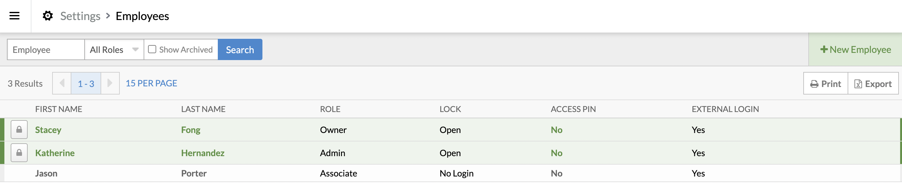 Employees page showing different Roles.