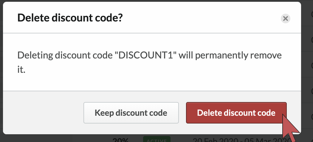 An arrow hovering over the confirm delete button.
