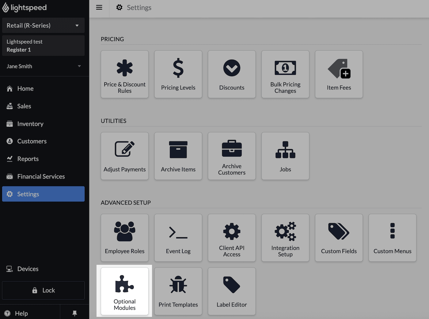 Settings page with Optional Modules emphasized.