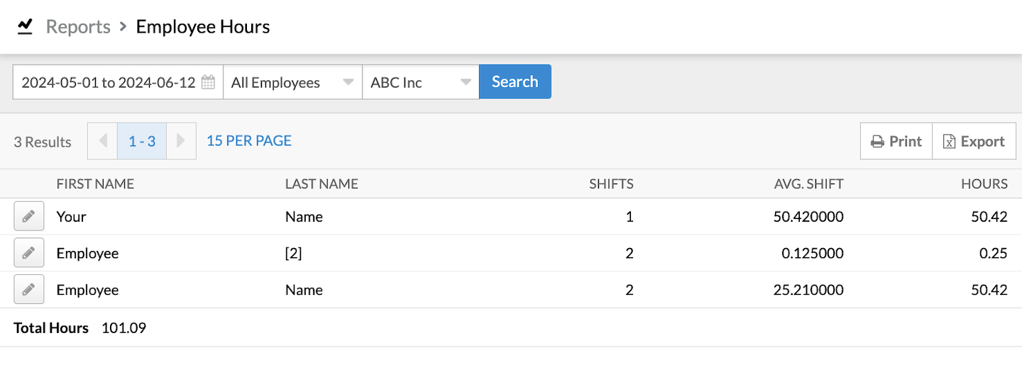 List of employee hours with options to Print and Export.