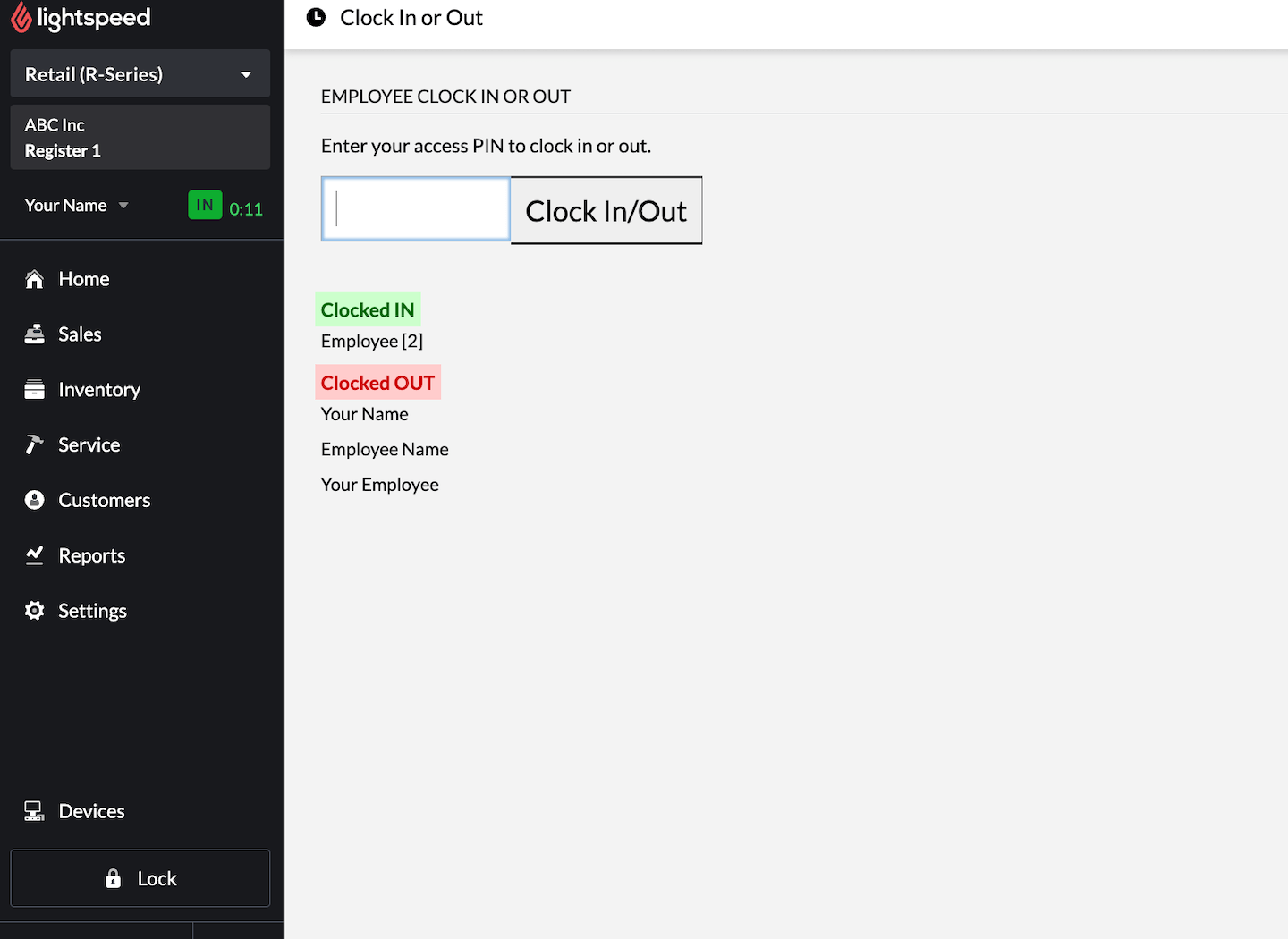 Clock In or Out page.