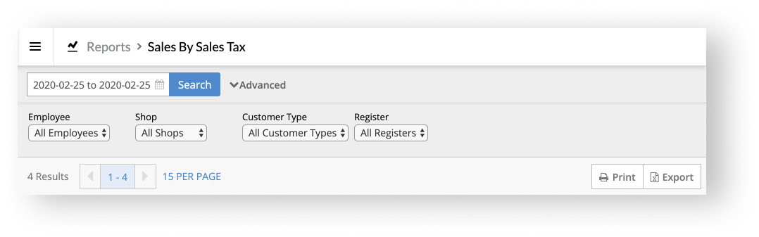 Sales by Sales Tax report page with Search button and filter options.