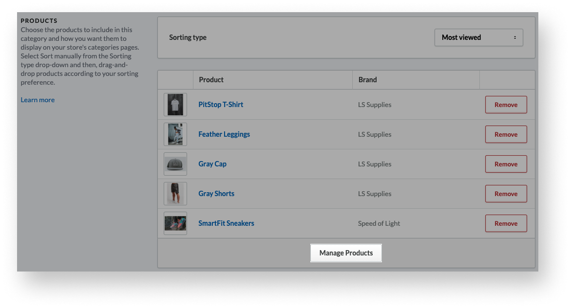 The Manage Products button.