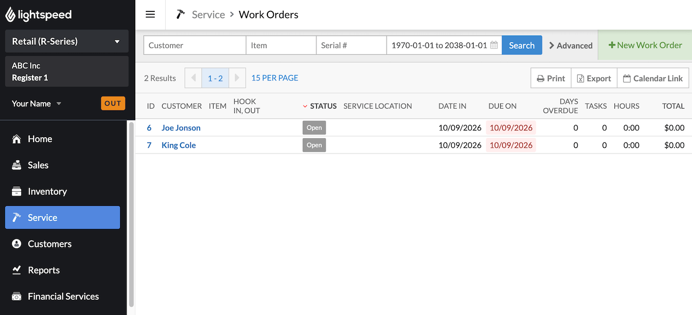 Work Orders page.