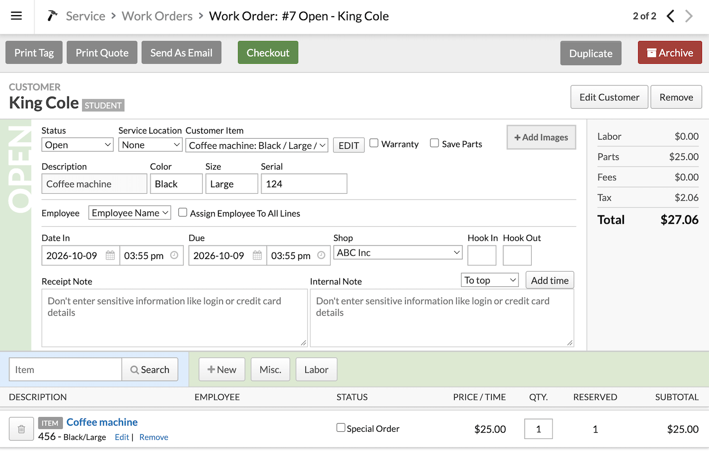 Customer's Work Order page.