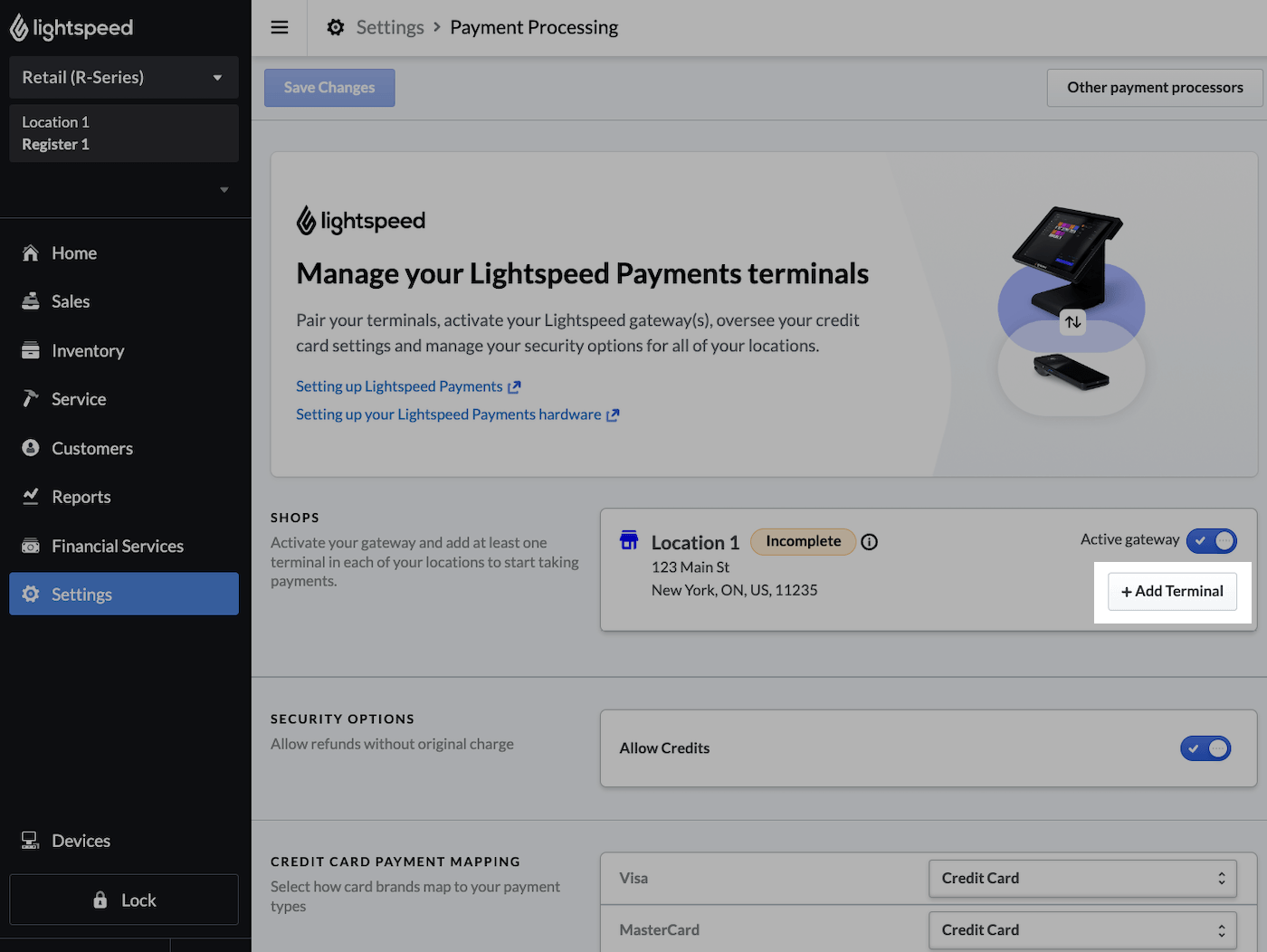 Add terminal button highlighted.