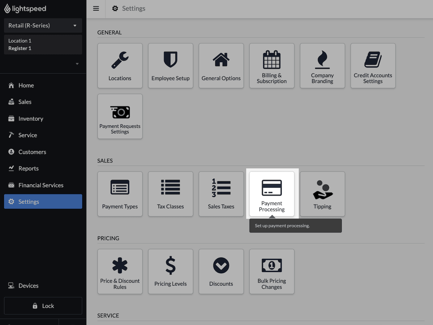 Settings page with Payment Processing highlighted.