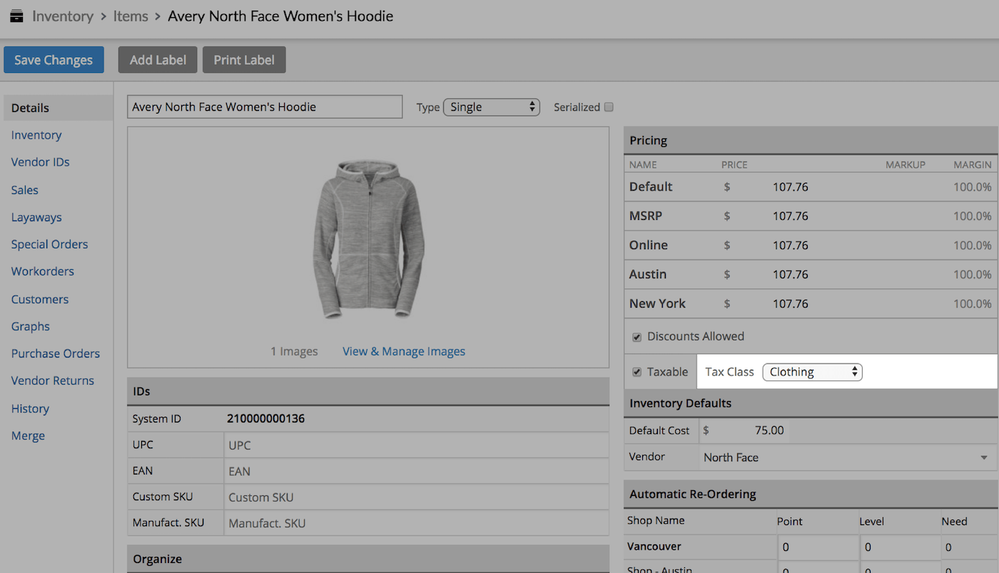 Assign the tax rate to an item on the item details page.