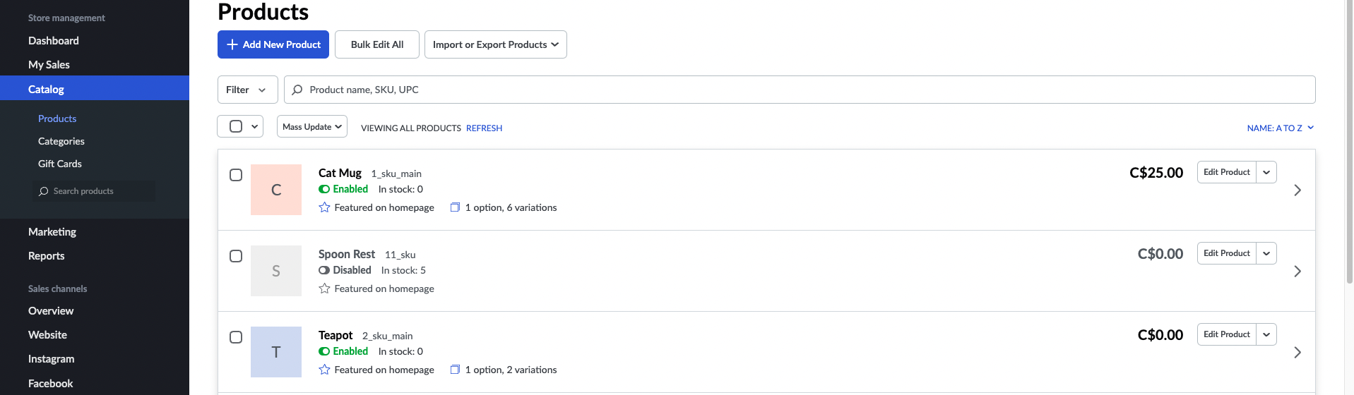 Page Produits dans eCom.