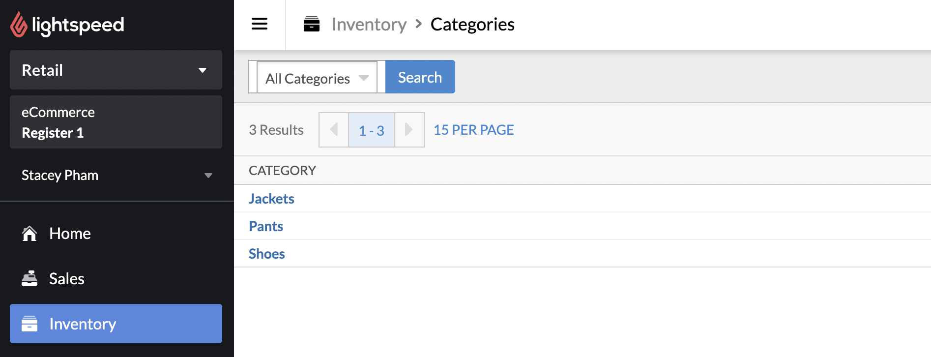 List of categories in Retail POS.